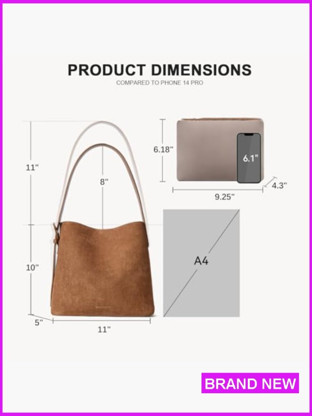 Vegan Suede Bucket Bag with Adjustable Strap and Detachable Pouch for Work - Picture 4 of 7